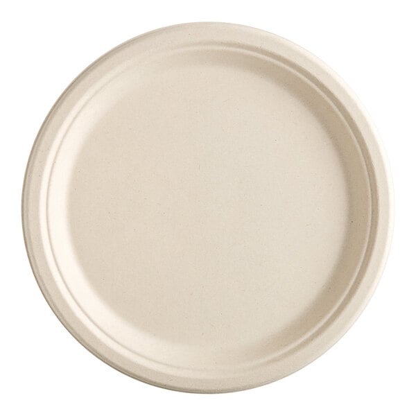 A close-up of an EcoChoice natural bagasse blend plate with a round edge.