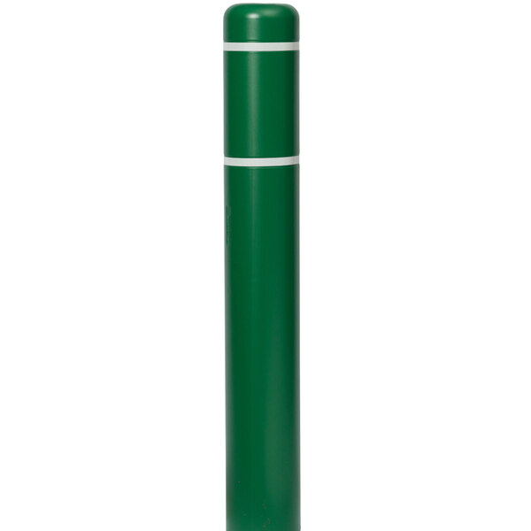 A green Innoplast BollardGard cover with white reflective stripes over a cylindrical bollard.