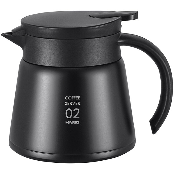 A black Hario V60 insulated stainless steel coffee server with a lid and handle.