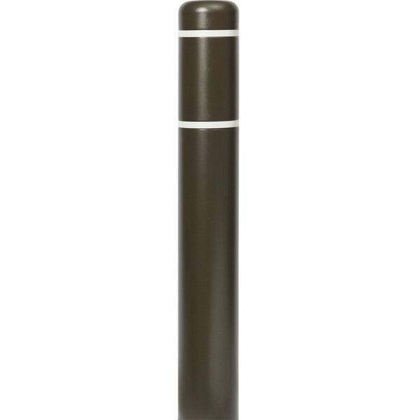 A brown Innoplast bollard cover with white reflective stripes over a black bollard.