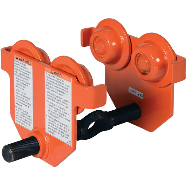 An orange Vestil steel manual push trolley with two hooks and two handles.