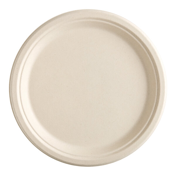 A close-up of an EcoChoice natural bagasse plate with a round shape and thin rim.