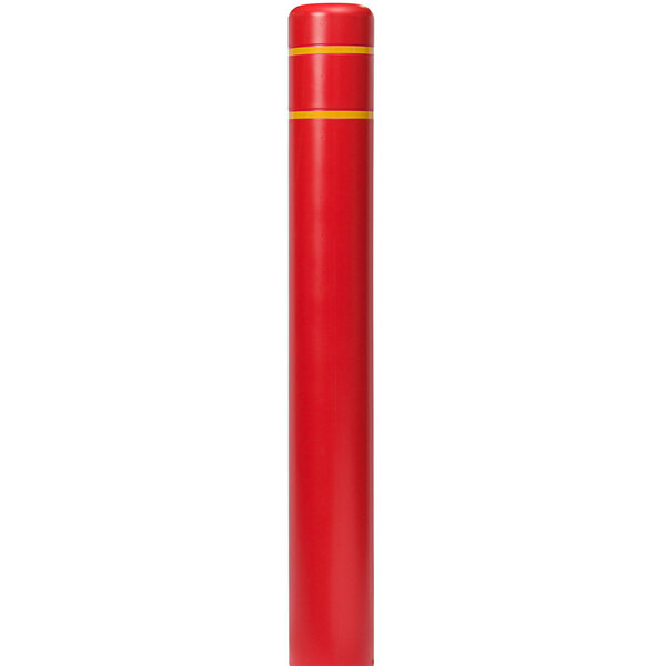 A red cylindrical Innoplast BollardGard with yellow stripes.