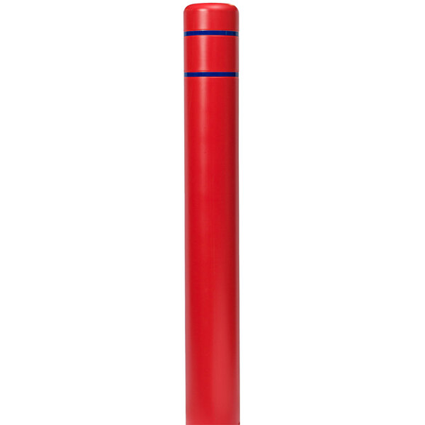 A red cylindrical Innoplast BollardGard with blue reflective stripes.