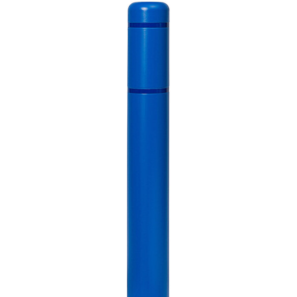 A blue cylindrical Innoplast BollardGard with blue reflective stripes on a white background.