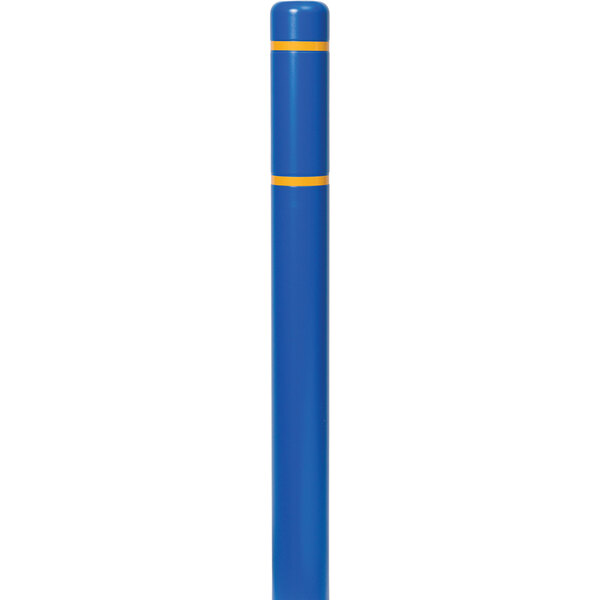 A blue Innoplast bollard cover with a yellow reflective stripe over a rectangular object with white text.