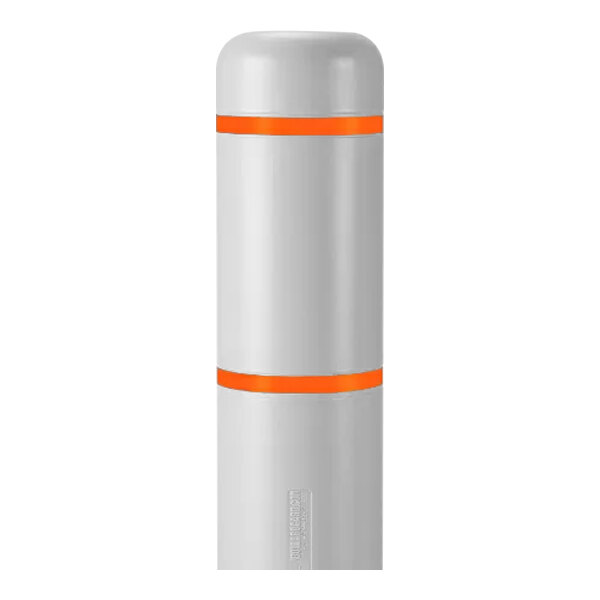 A white cylindrical bollard cover with orange stripes.