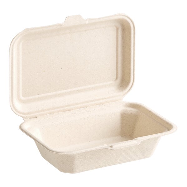 A white EcoChoice bagasse take-out container with a lid.