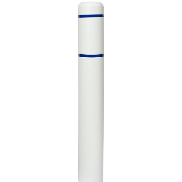 A white cylindrical Innoplast BollardGard with blue stripes.