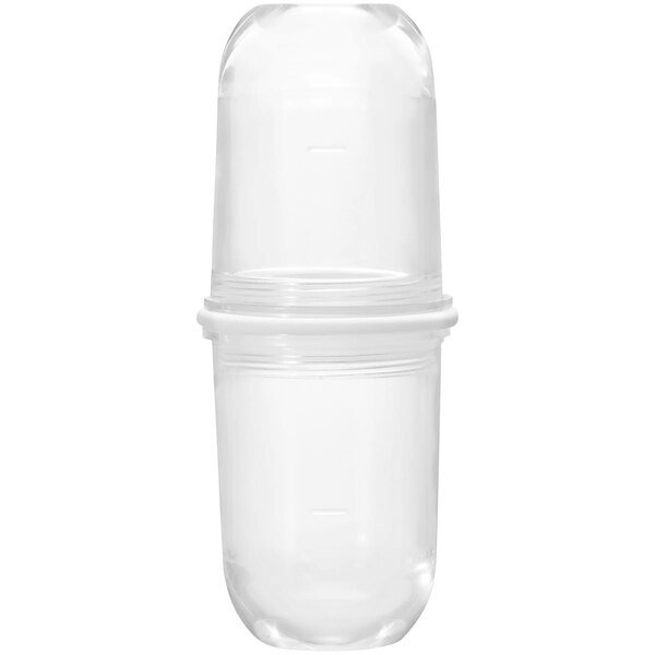 A white plastic Hario latte shaker with a clear container and lid.