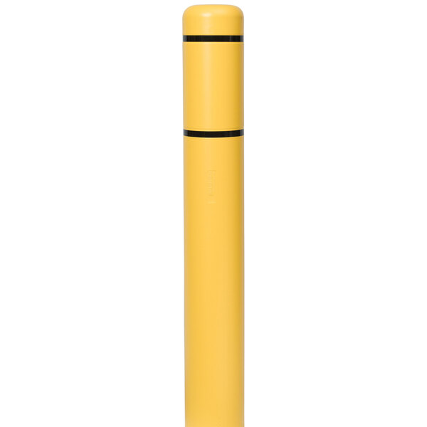 A yellow cylindrical Innoplast BollardGard cover with black stripes.