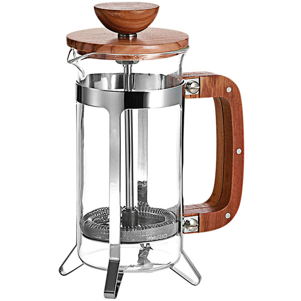 A Hario glass French press with a wooden frame and handle.