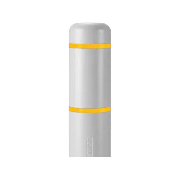 A white cylindrical Innoplast BollardGard with yellow stripes.