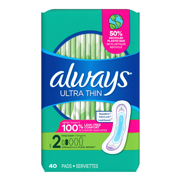 A package of Always Ultra Thin Long Super pads.