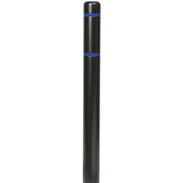 A black bollard cover with blue reflective stripes over a cylindrical pole.