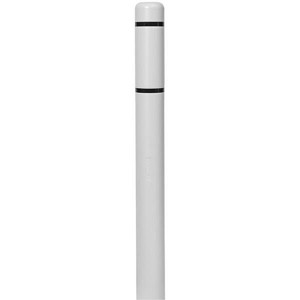 A white cylindrical bollard cover with black reflective stripes on top.