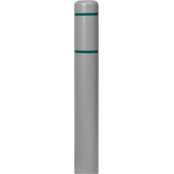 A grey Innoplast bollard cover with green stripes.