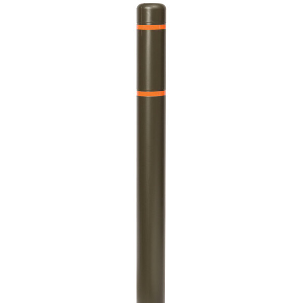 A brown Innoplast BollardGard with orange and white reflective stripes on a metal pole.