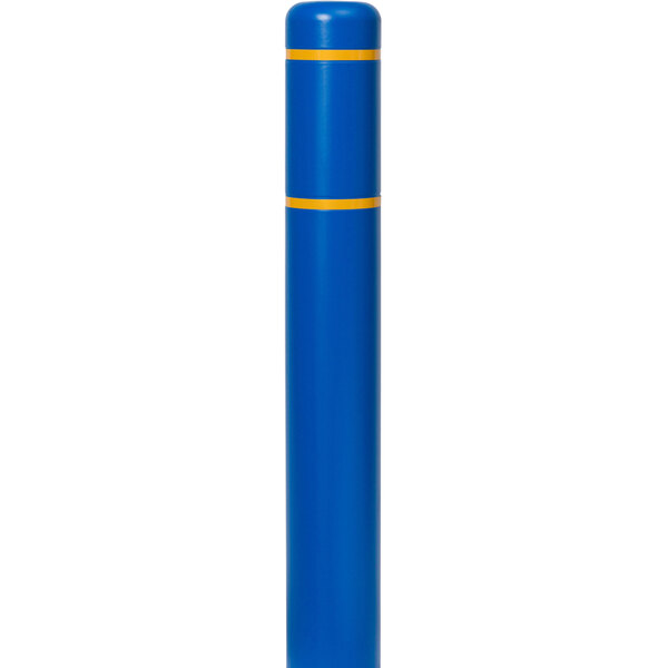 A blue Innoplast BollardGard cover with a yellow reflective stripe over a blue cylindrical bollard.