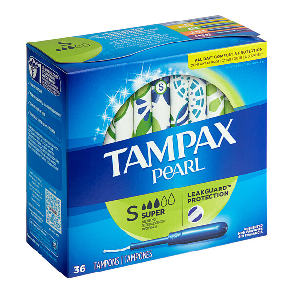 A box of 12 Tampax Pearl Super tampons.