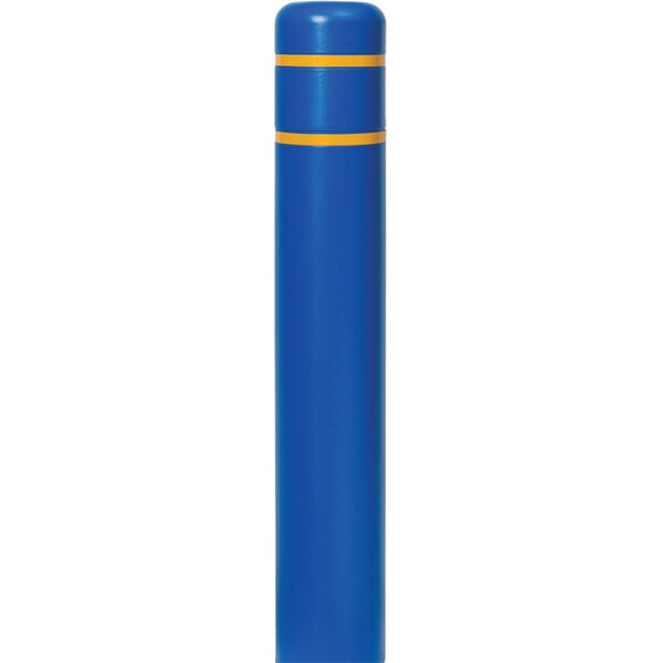 A blue cylindrical Innoplast BollardGard with yellow reflective stripes.