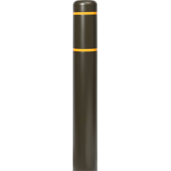 A black cylindrical Innoplast bollard cover with a yellow reflective stripe.