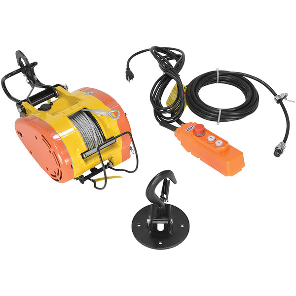 A yellow and orange Vestil electric mini cable hoist with a cable reel.