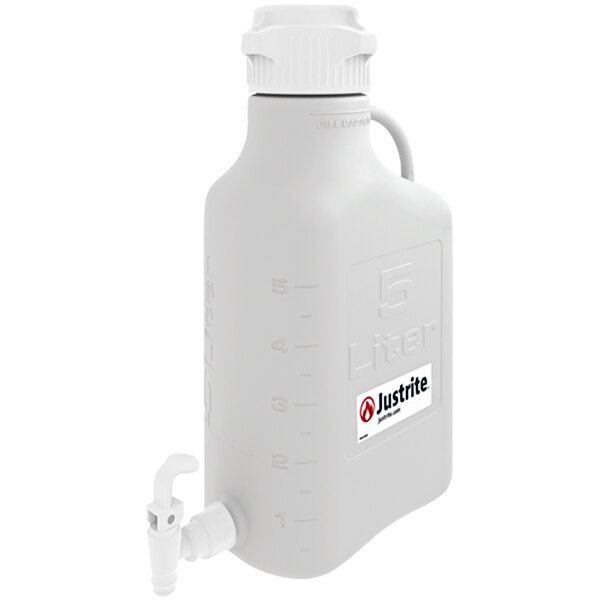 A white HDPE Justrite carboy with a handle and spigot.