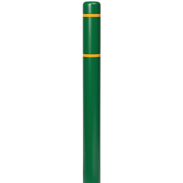 A green bollard with yellow stripes and a white background.