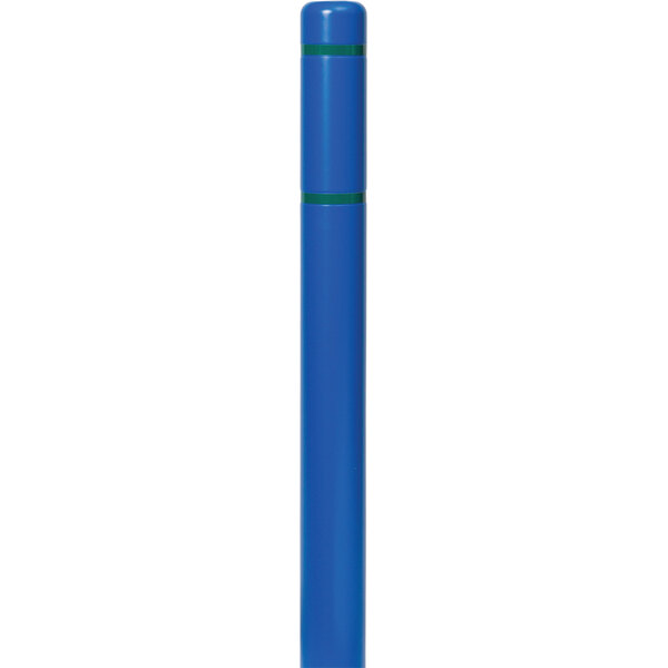 A blue Innoplast Bollard cover with green reflective stripes.