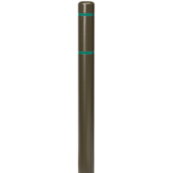 A brown Innoplast Bollard cover with green reflective stripes on a metal pole.