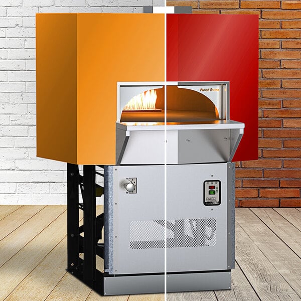 A red and orange oven with a fire in it.