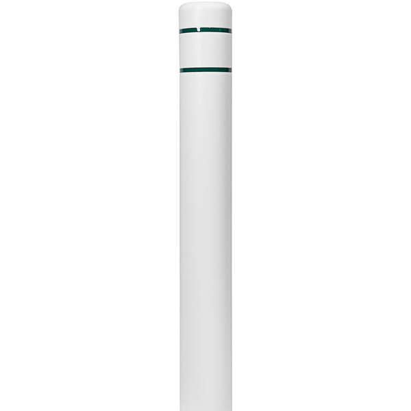 A white cylindrical Innoplast BollardGard with green stripes.