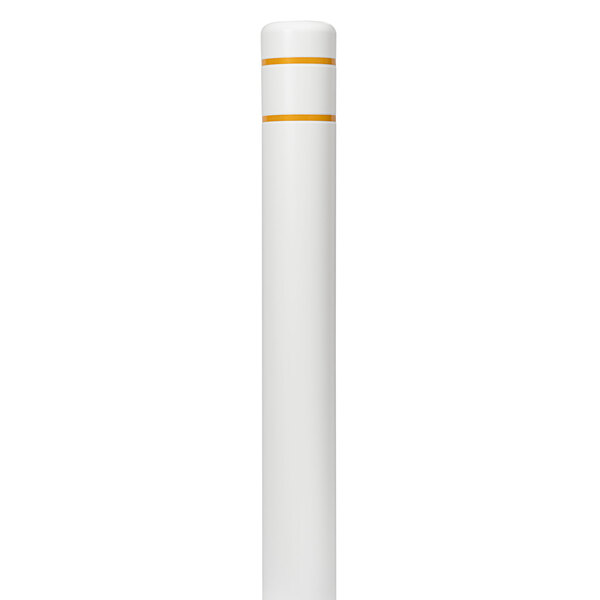 A white cylindrical object with yellow and orange stripes.