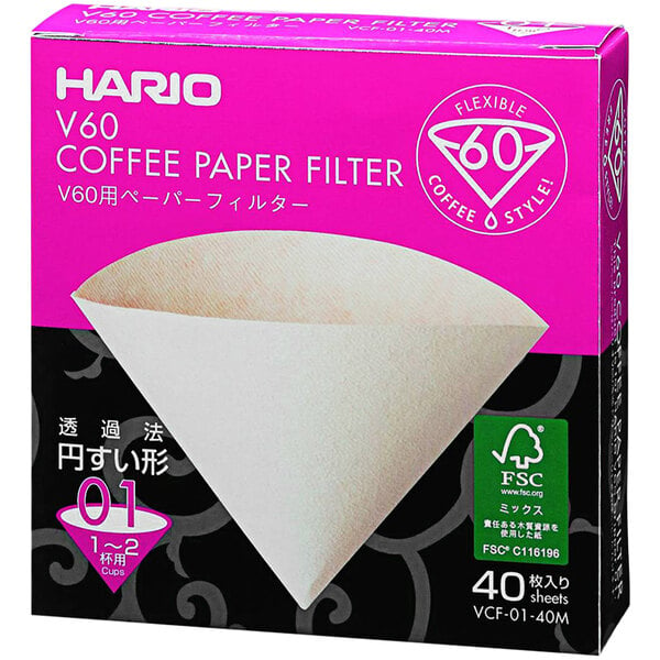 A box of 40 Hario V60 natural paper coffee filters.