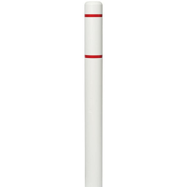 A white cylindrical Innoplast BollardGard with red reflective stripes