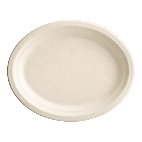 An oval EcoChoice natural bagasse blend plate with a white background.