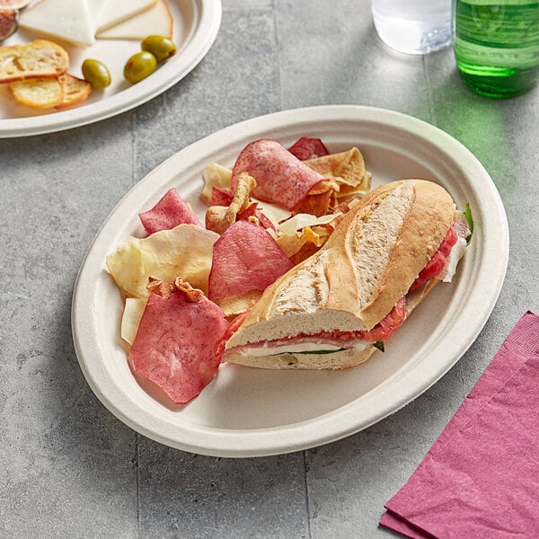 A sandwich and chips on an EcoChoice bagasse oval plate.