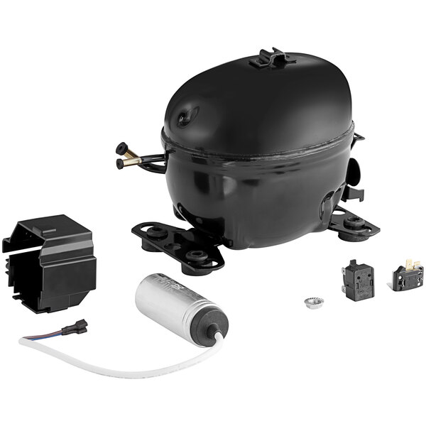 An Embraco black round compressor with wires.