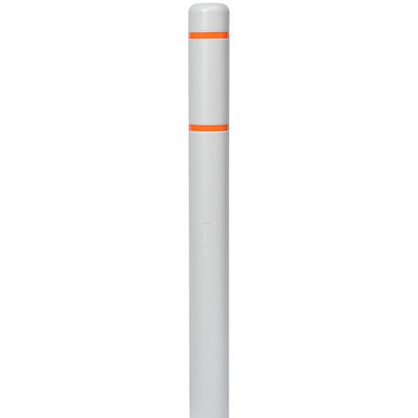 A light gray Innoplast BollardGard with orange reflective stripes covering a bollard.