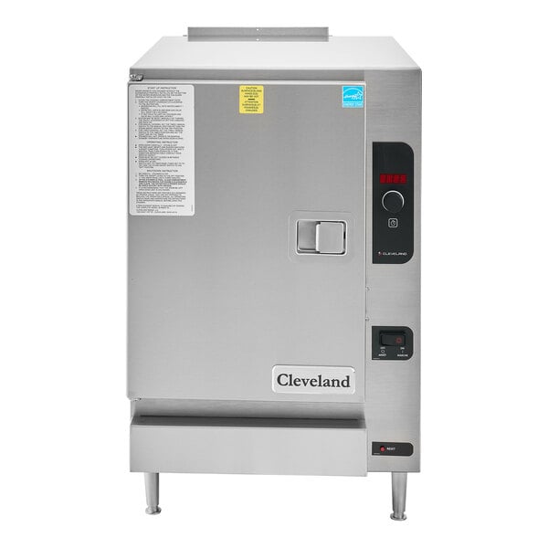 A Cleveland SteamChef natural gas countertop steamer with a red and yellow label.