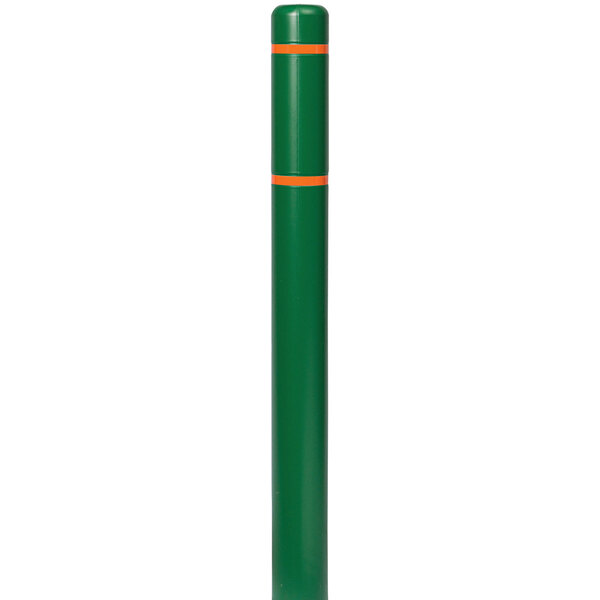 A green Innoplast BollardGard cover with orange stripes on a pole.