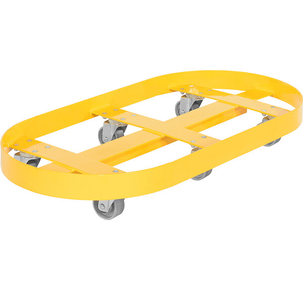 A yellow steel Vestil double drum dolly with wheels.