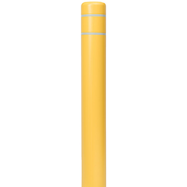 A yellow cylindrical Innoplast BollardGard with white stripes on it.