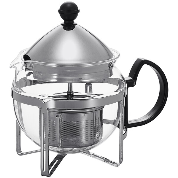 A Hario glass teapot with a metal lid and infuser.