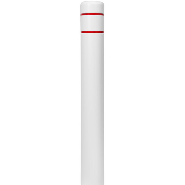 A white cylindrical BollardGard cover with red stripes.