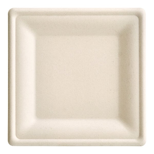 An EcoChoice natural bagasse square plate with a white background.