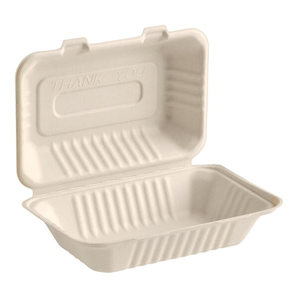 An EcoChoice bagasse takeout container with a lid.