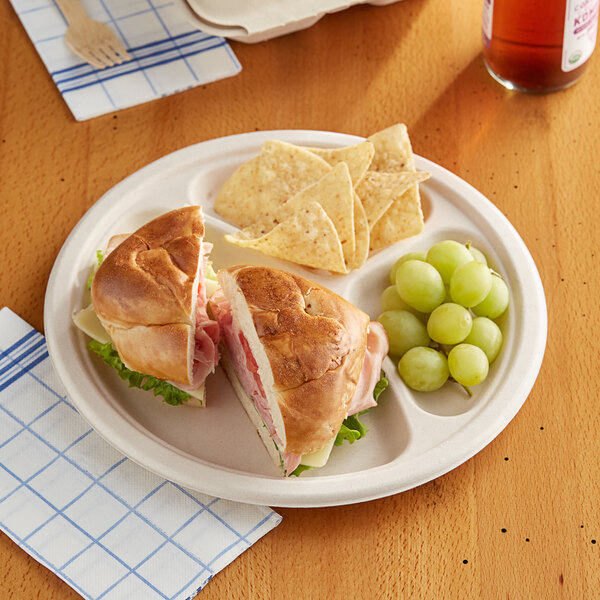 A sandwich on an EcoChoice bagasse 3 compartment plate.