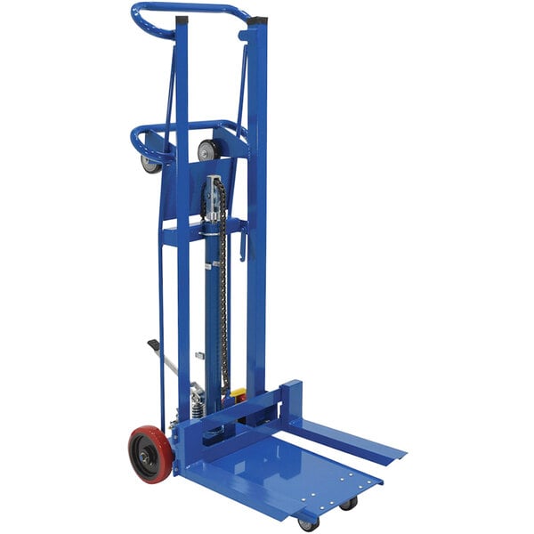 A blue Vestil steel hand truck with wheels.